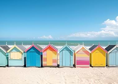 Colorful Beach Huts on Sandy Beach
