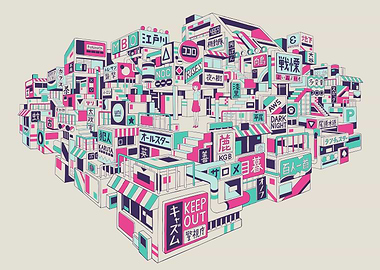 Abstract Japanese Cityscape with Signs