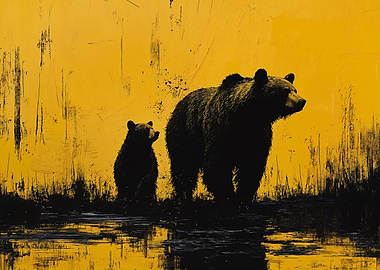 Bear and Cub Silhouette Art