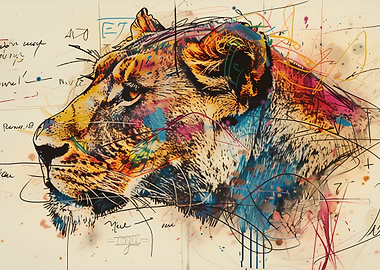 Colorful Lion Portrait with Abstract Elements