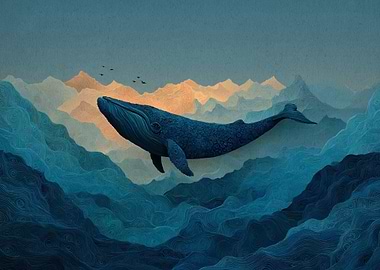 Whale soaring over mountain range