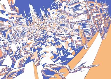 Abstract Cityscape with Figure in Orange