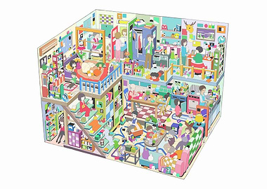 Isometric view of a busy house