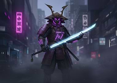 Cyberpunk Samurai Warrior in Cityscape