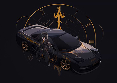 Anime Girl with Black Car and Clock