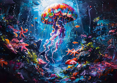 Colorful Jellyfish in Ocean Painting