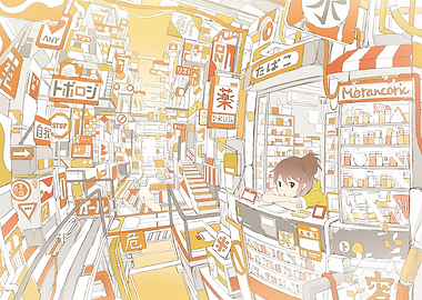 Anime-style street scene with girl