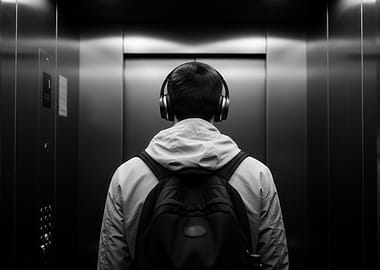 Man with Headphones in Elevator