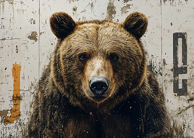 Grizzly Bear Portrait Against Grunge Wall