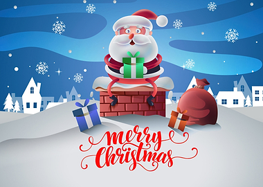 Santa Claus on Chimney with Gifts