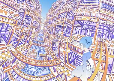 Anime Girl in Abstract Cityscape