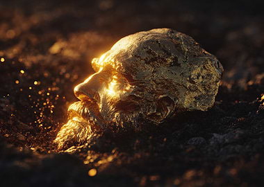 Golden Head Sculpture in Dark Soil