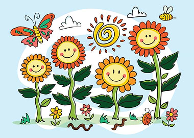 Cartoon Garden with Smiling Sunflowers