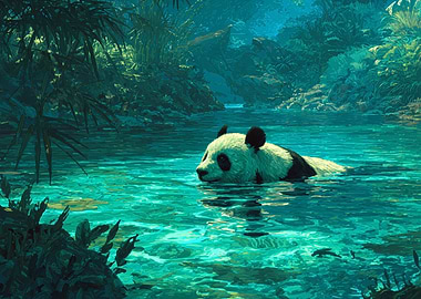Panda Swimming in Turquoise Water