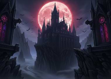 Gothic Castle Under a Red Moon