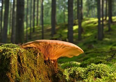 Mushroom on Mossy Stump in Forest