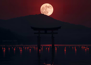 Japanese Torii Gate with Full Moon
