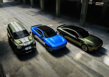 Three Modern Cars in Olive, Blue