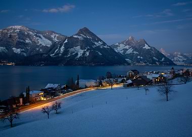 Winter Landscape with Lake and Mountains
