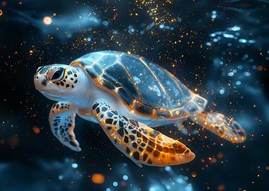 Glowing Sea Turtle in Dark Water