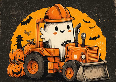 Halloween Ghost Driving Tractor Illustration