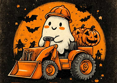 Halloween Ghost Driving Tractor with Pumpkins