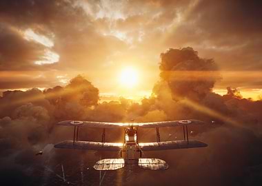 Biplane flying through clouds at sunset