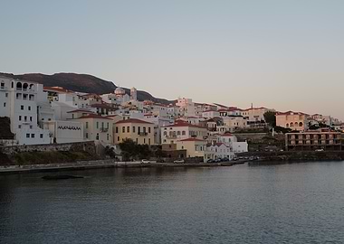 Coastal Townscape with White Buildings, Andros, Greece, Cyclades