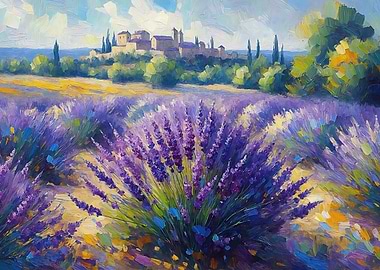 Lavender Field Painting with Distant Village