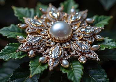 Pearl and Diamond Brooch on Leaves