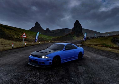 Blue Nissan Skyline on Mountain Road