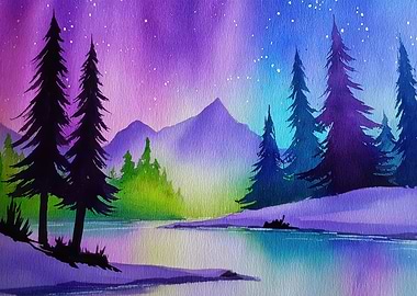 Watercolor Landscape with Trees and Mountains