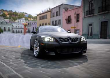 Black BMW Drifting in Cityscape