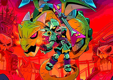 Cartoon Warrior with Dragon and Guitar