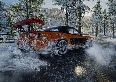 Orange Sports Car Drifting in Snow