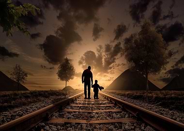 Father and Son on Railroad Tracks
