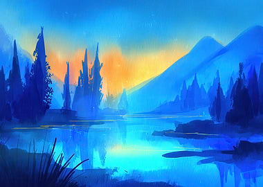 Blue Landscape with Lake and Mountains