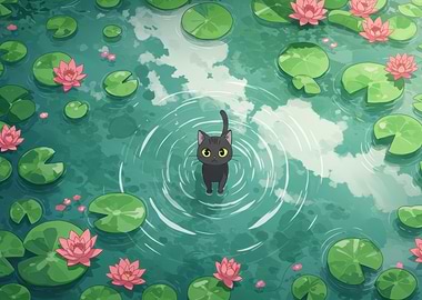 Black Cat in Lily Pond