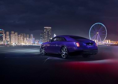 Purple Rolls Royce at Night Cityscape