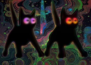 Two Cats in Psychedelic Dreamscape