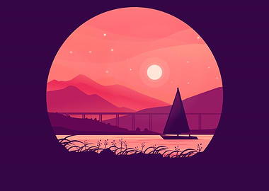 Sunset Sailboat Landscape Illustration