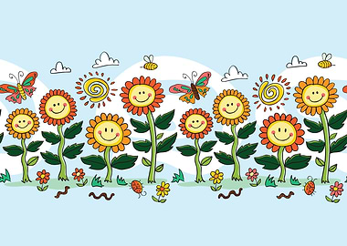 Cartoon Flowers with Smiling Faces