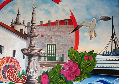 Cityscape Painting with Seagull and Flowers