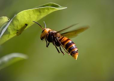 Flying Asian Hornet near Green Leaf