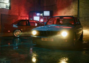 Vintage Cars in a Neon-Lit Garage