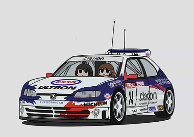 Cartoon Peugeot Rally Car with Drivers
