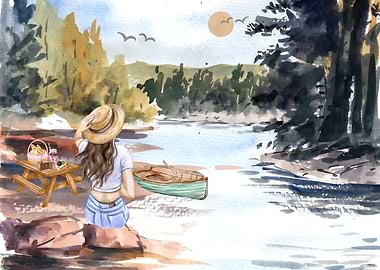 Watercolor painting of a lakeside picnic