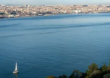 Sailboat on the water with city view