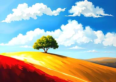 Lone Tree on Hill, Cloudy Sky