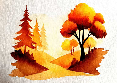 Autumn Watercolor Landscape with Trees